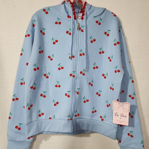 Cherry graphic blue full zip hoodie women's Large NWT